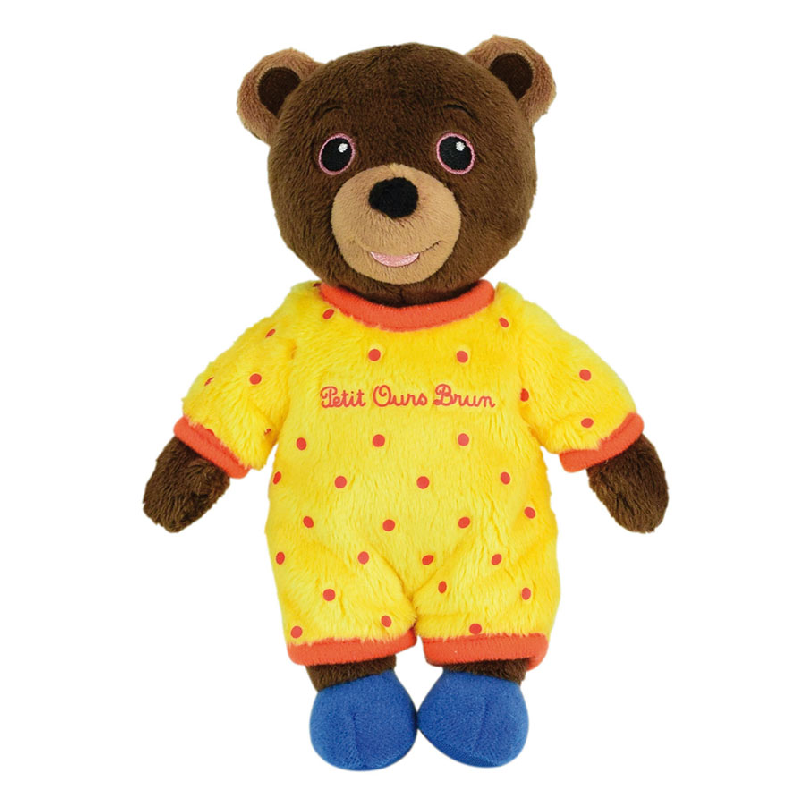  petit ours brun peluche pyjama jaune 18 cm 